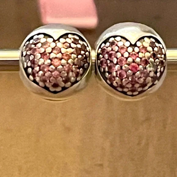 Authentic Pair of Pandora Love of My Life pink pave heart clip charms - Picture 1 of 8